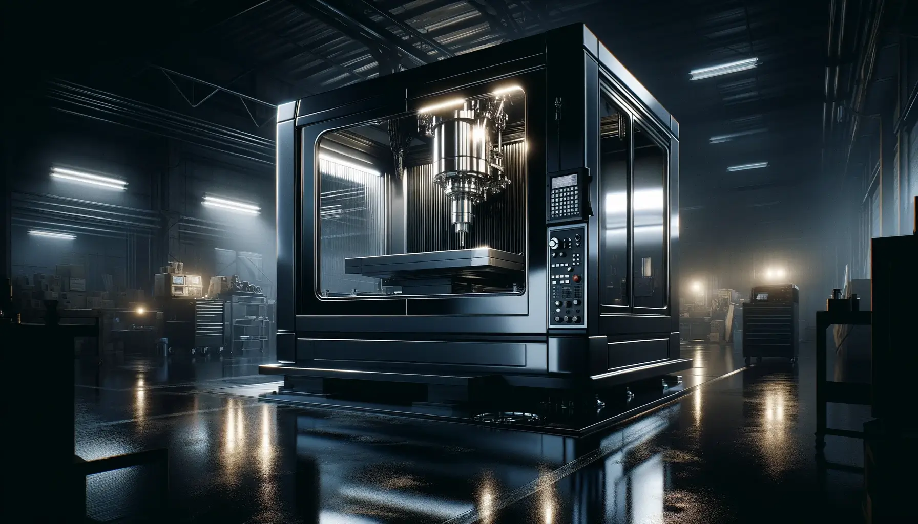 A CNC machine waits to be used by a machine operator in a dark workshop