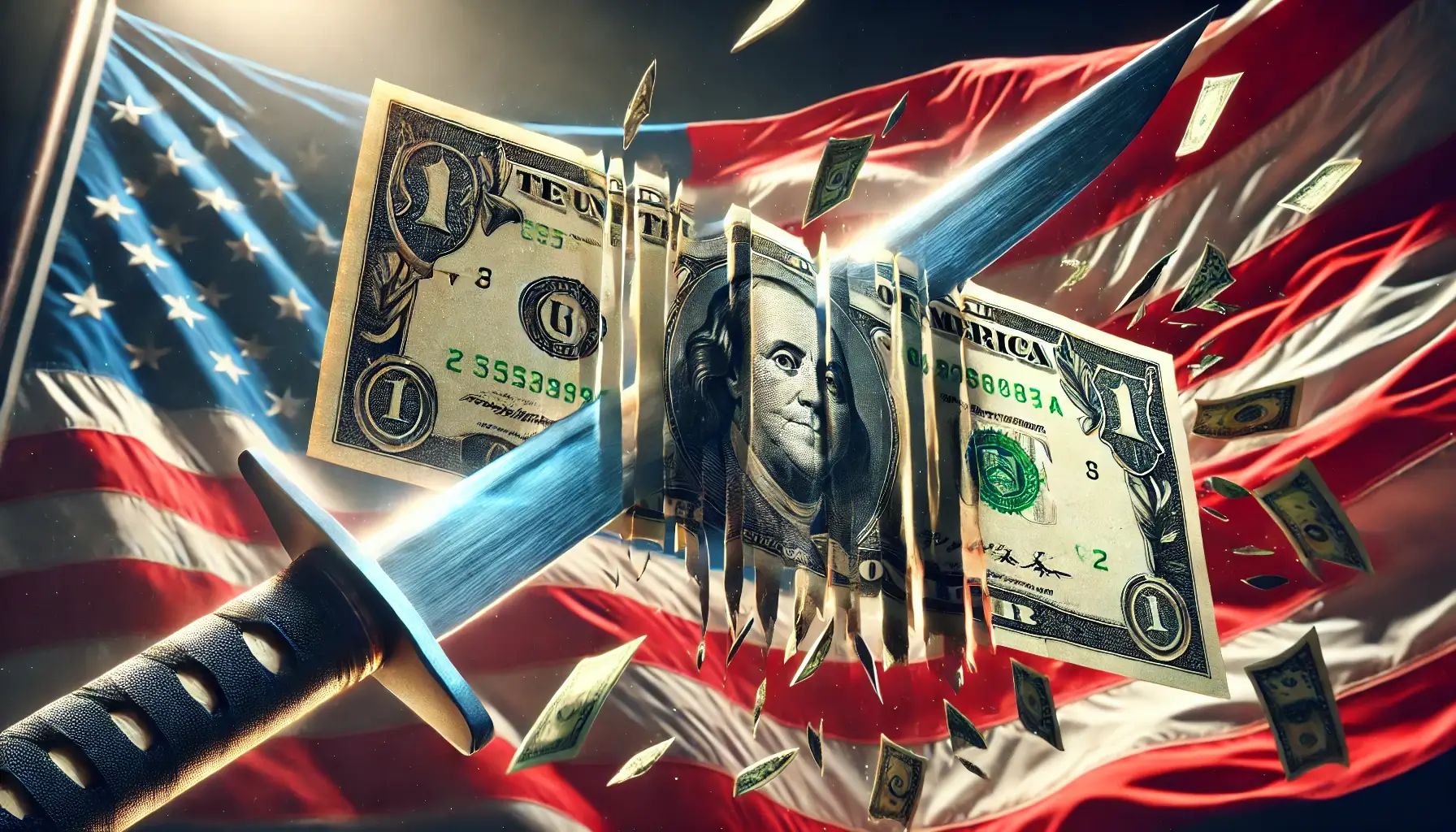 A sword cuts a dollar bill in front of an American flag representing fed rate cuts