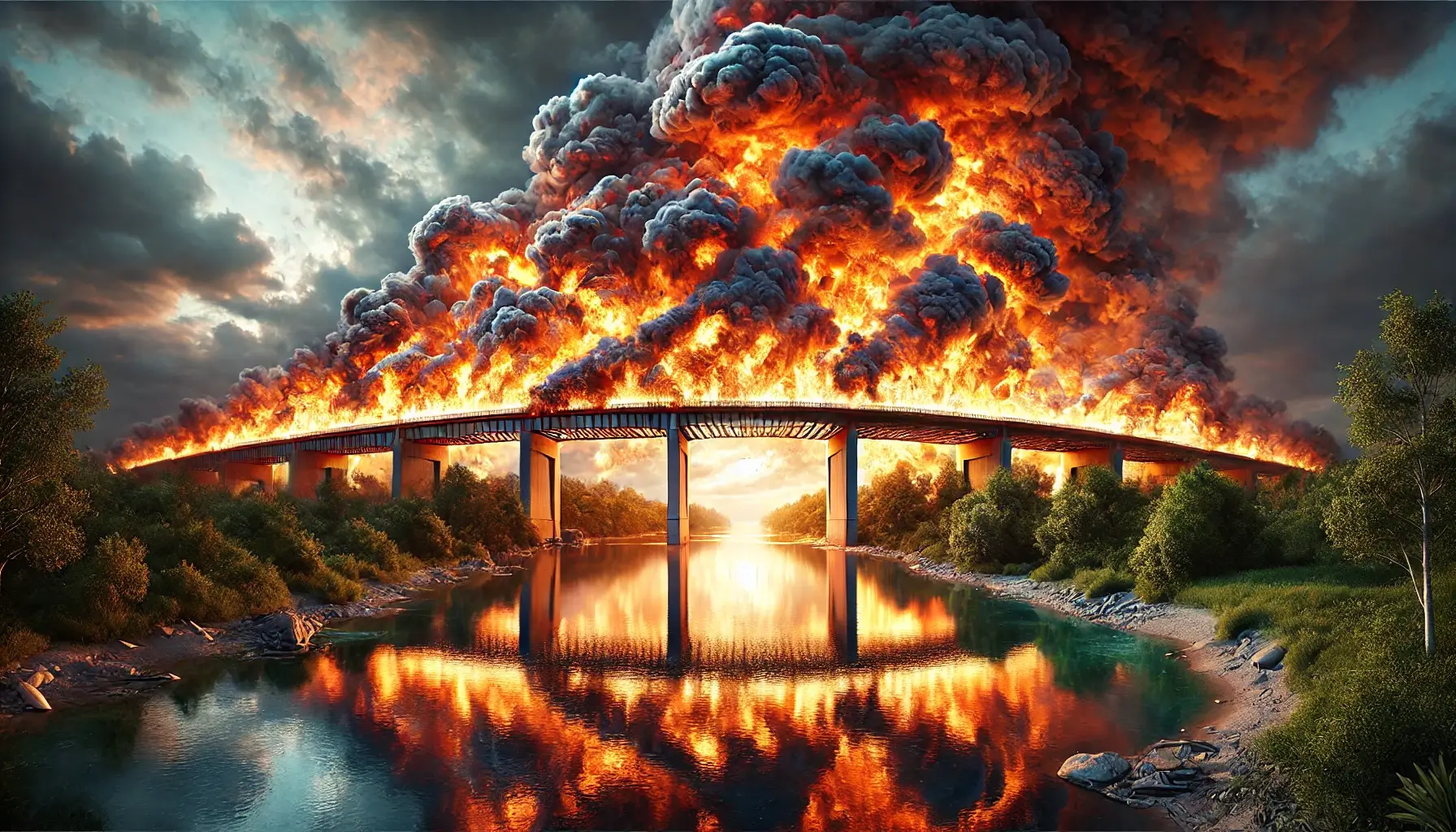 A burning bridge representing how to decline an interview and maintain relationships.