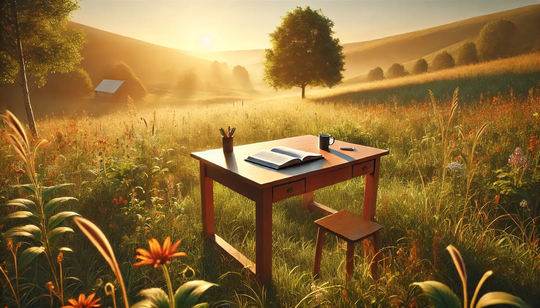 A desk in a field during sunrise