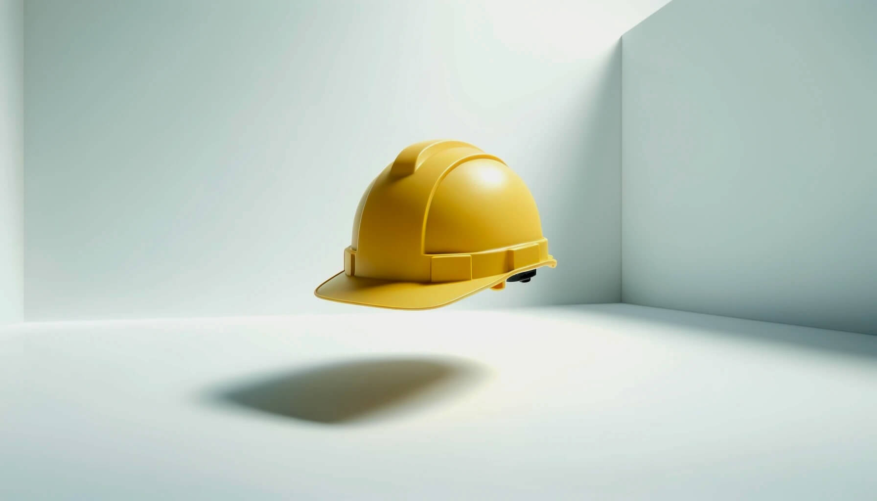 A construction manager's hard hat floating in a room.